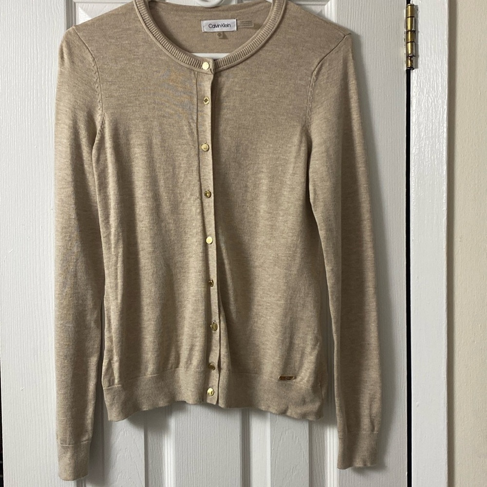Tan cardigan with gold buttons. Very soft and comfortable!